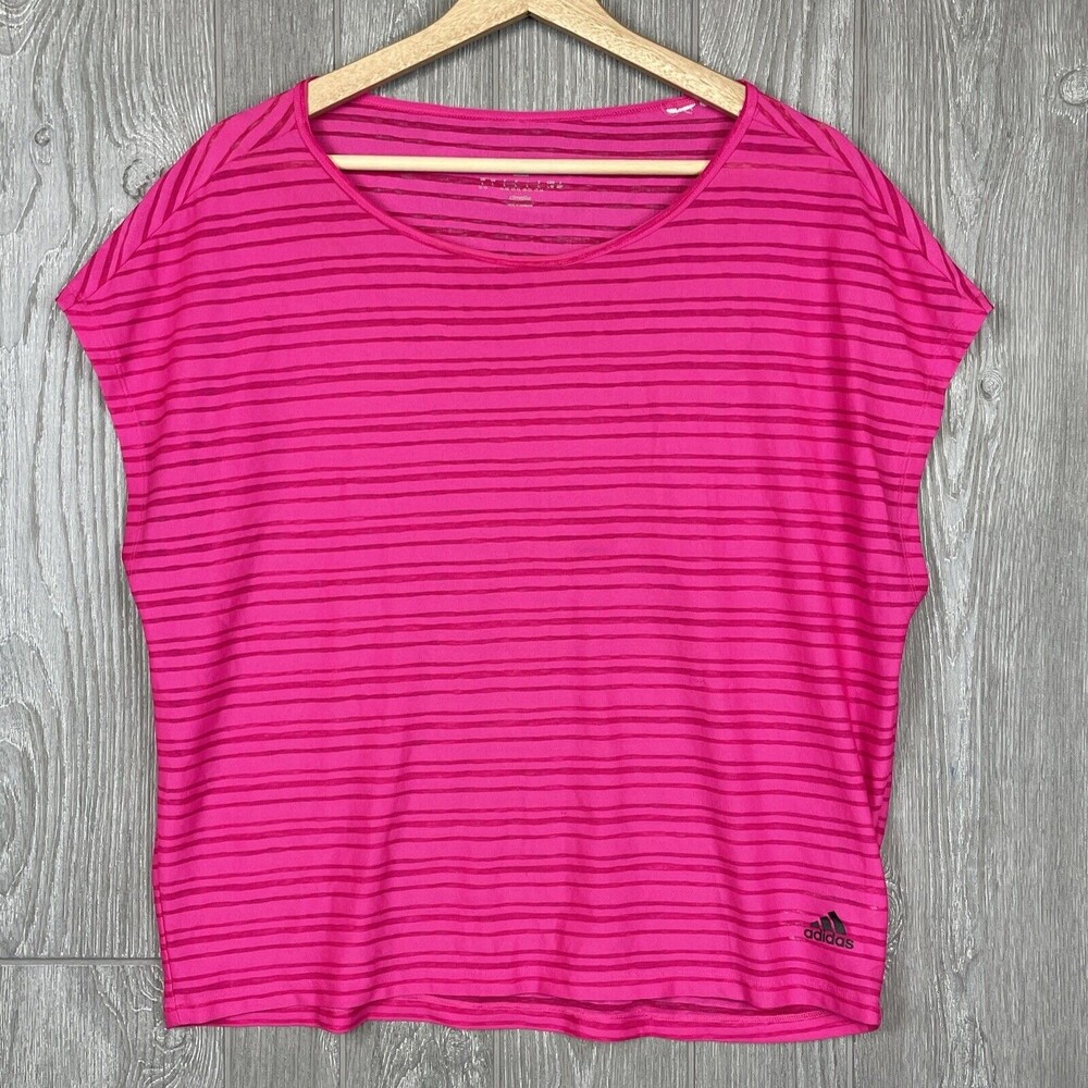 Adidas Top Womens Large Hot Pink Partially Semi Sheer Athletic Tee Loose Fit‎